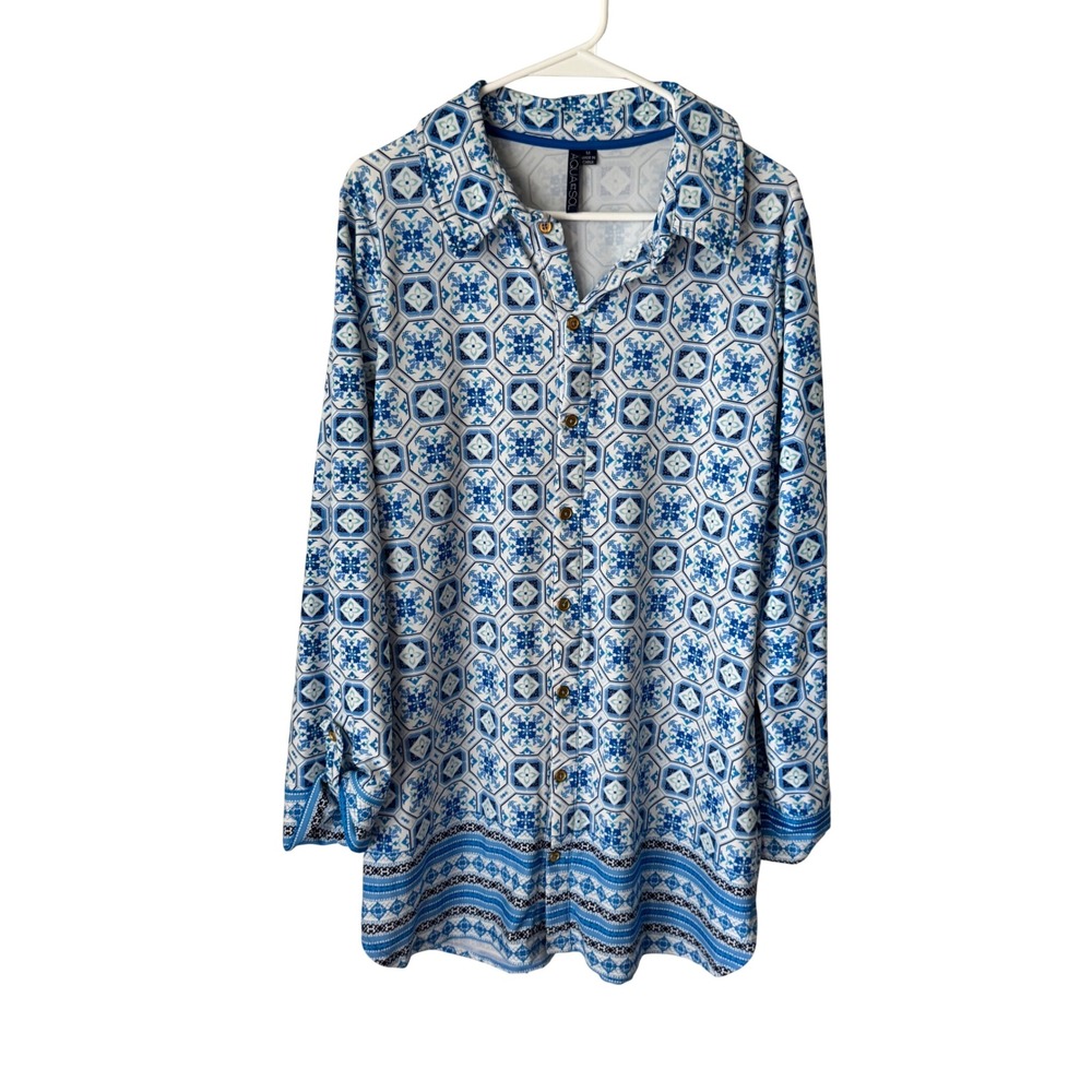 Aqua et Sol Blue White Geometric Tile Print Button Up Tunic Top Medium